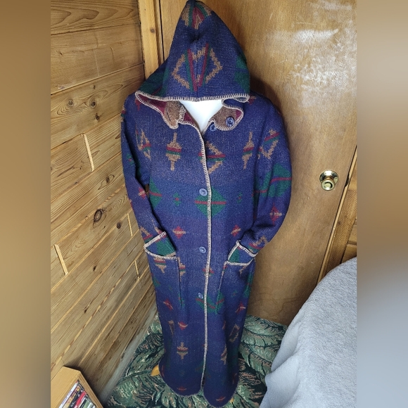 Woolrich Aztec Blanket Coat Womens Medium Wool Blend Hooded Reversible Duster